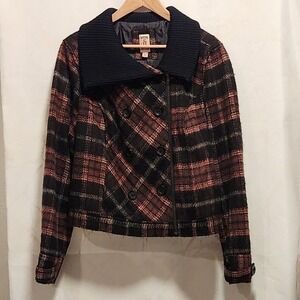 Decree Plaid Coat Juniors XXL Black/Red Short Fleece Peacoat Y2K Gothic Punk‎